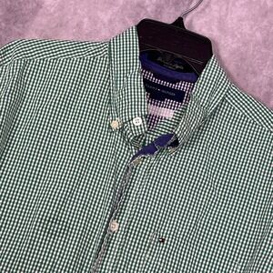Tommy Hilfiger Button Down Mens Medium Green Gingham Excellent Fine Poplin Shirt